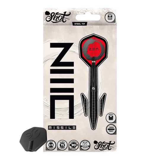 Ocelové šipky Shot ZEN Missile Turbo Point - 23g Das Bild präsentiert die Shot ZEN Missile Turbo Point Steeldarts - 23g. Diese sind besonders präzise und griffig gestaltet.