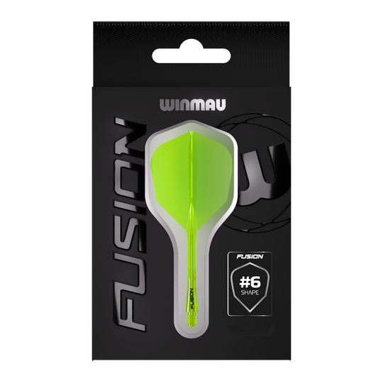 Auf dem Bild ist eine Packung Winmau Fusion Flight Shaft System in Neon-Gelb zu sehen. In der Mitte der Verpackung befindet sich ein Flightsystem in Form #6.