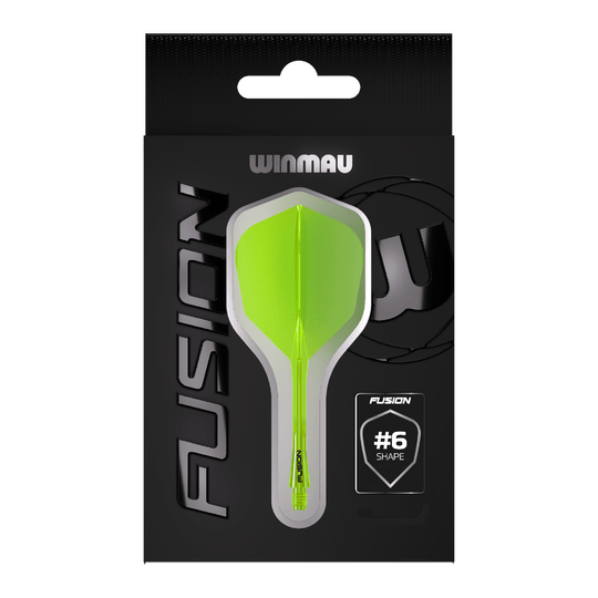 Letka Winmau Fusion System č. 6 neonově žlutá Auf dem Bild ist eine Packung Winmau Fusion Flight Shaft System in Neon-Gelb zu sehen. In der Mitte der Verpackung befindet sich ein Flightsystem in Form #6.