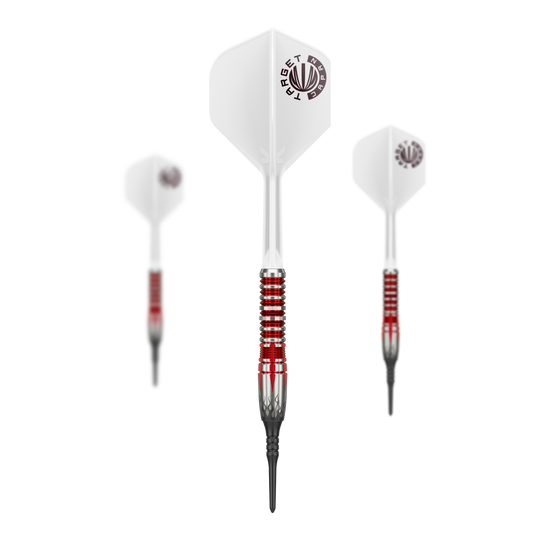 Das Bild zeigt drei Softdarts des Modells "Target Japan Misumasa Hoshino Pyro GEN10 MAX - 19g". Die Darts haben weiße Flights, rote und silberne Griffe und schwarze Spitzen.