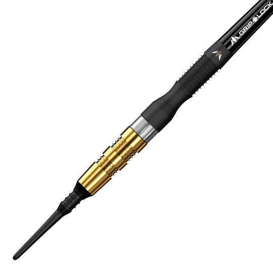 Das Bild zeigt einen Softdart mit schwarzer und goldener Farbgebung. Es handelt sich um das Modell "Mission Connor Scutt Sniper Black Gold Softdarts - 20g".