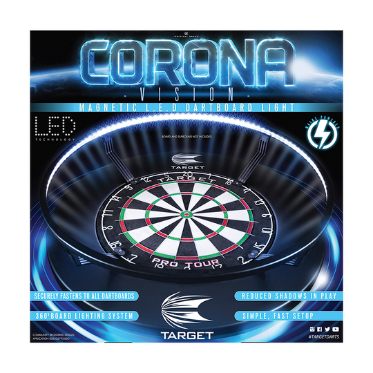 Das Bild zeigt das Produkt „Target CORONA Vision LED Dartboard Lighting System“, das einen Dartboard-Beleuchtungsring darstellt. Es hebt die LED-Technologie und eine gleichmäßige Ausleuchtung für weniger Schatten beim Dartspielen hervor.