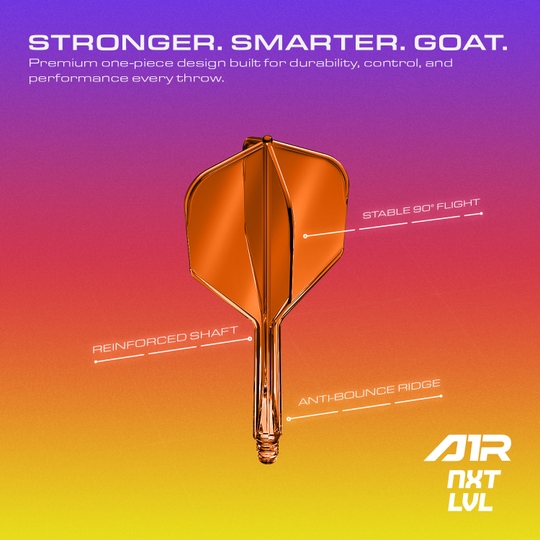 Das GOAT A1R No6 Flight-Shaft-System in Neon Orange ist auf diesem Bild abgebildet. Die farbenfrohe Gestaltung macht es besonders ansprechend für Dartspieler.