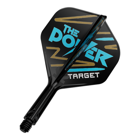 Das Bild zeigt einen schwarzen Dartflight mit der Aufschrift "THE POWER" in blauer Farbe. Darunter steht das Wort "TARGET" in weißer Schrift.