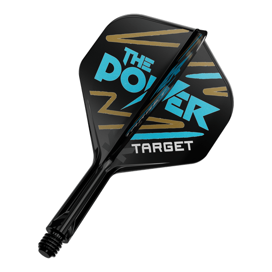 Systém standardní letové hřídele Target K-Flex Phil Taylor No2 Das Bild zeigt einen schwarzen Dartflight mit der Aufschrift "THE POWER" in blauer Farbe. Darunter steht das Wort "TARGET" in weißer Schrift.