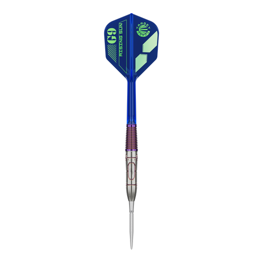 Dies ist ein Target Japan Haruki Muramatsu Rising Sun GEN9 Steeldart mit einem Gewicht von 23g. Der Dart hat ein modernes Design mit blauen und silbernen Elementen.