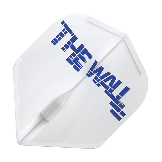 Lety Martin Schindler White L1EZ ve stylu L Das Bild zeigt ein weißes Dart-Flight mit der Aufschrift "THE WALL" in blauen Buchstaben. Es handelt sich um das Produkt "L-Style Martin Schindler Weiß L1EZ Flights".