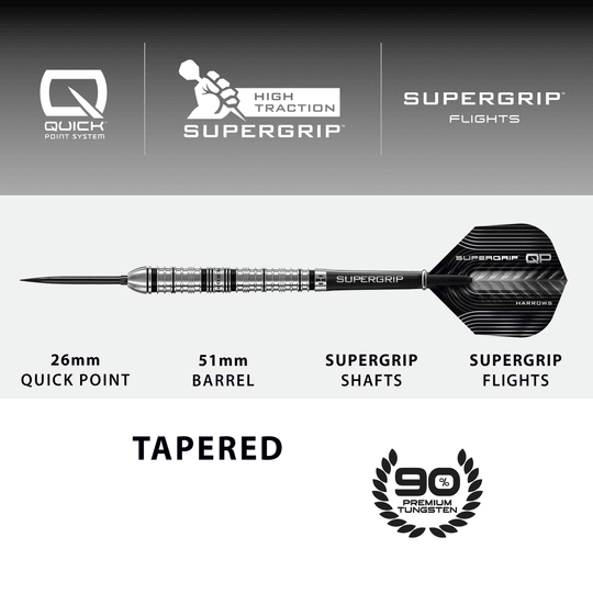 Harrows Supergrip Tapered Quick Point ocelové šipky Abgebildet sind die Harrows Supergrip QP Tapered Quick Point Steeldarts. Sie eignen sich ideal für ein präzises Dartspiel.
