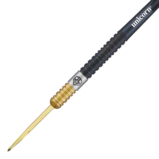 Šipky Unicorn Ross Smith dvoubarevné ocelové Das Bild zeigt einen Steeldart aus der Unicorn Ross Smith Two-Tone Serie. Der Dart ist zweifarbig mit einem goldenen vorderen Teil und einem schwarzen hinteren Teil gestaltet.