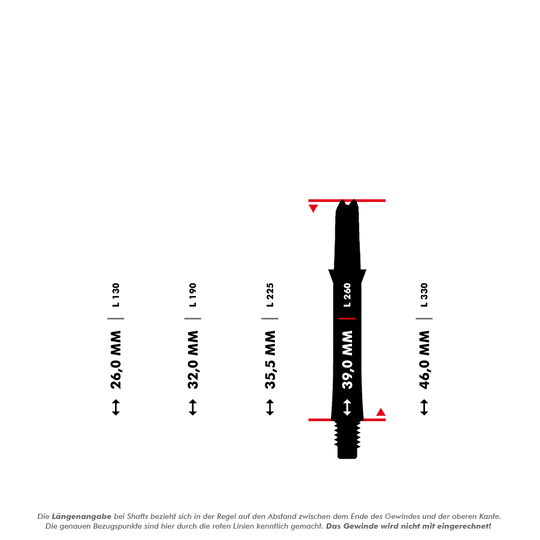 Karbonové hřídele ve stylu L Das Bild zeigt verschiedene Längen von Carbon Shafts ohne Kappen, die in Millimetern angegeben sind. Die Maße reichen von 26,0 mm bis 46,0 mm und beziehen sich auf den Abstand zwischen dem Ende des Gewindes und der oberen Kante.