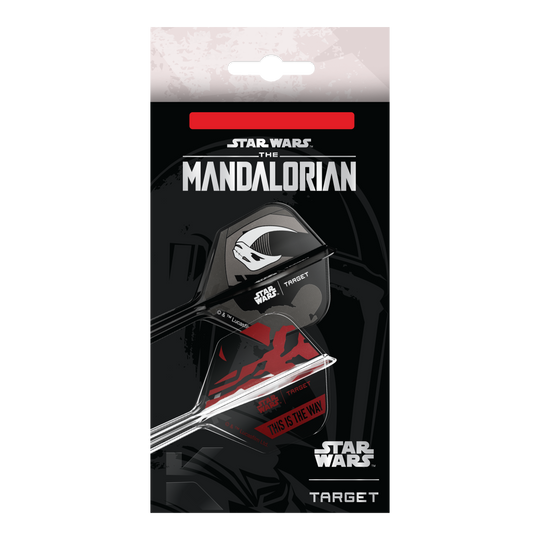 Target Star Wars K-Flex Set Mandalorian No6 Flights Das Bild zeigt das Target Star Wars K-Flex-Set Mandalorian No6 Flights. Das Produkt ist ein Dart-Set mit Mandalorian-Design aus der Star Wars Reihe.