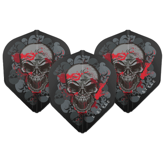 Das Bild zeigt drei schwarze Dartflights mit einem auffälligen Totenkopf-Design und roten Farbspritzern. Auf jedem Flight steht am Rand der Schriftzug "L-Style".
