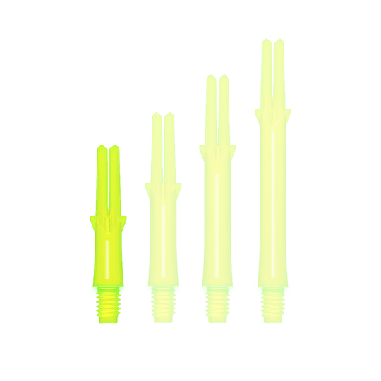 L-L-Style-Shafts Uzamčené rovné - Neonově žluté Auf dem Bild sind vier neon-gelbe Dart-Schäfte in verschiedenen Längen zu sehen. Sie haben ein gerades Design und ein Schraubgewinde am unteren Ende.