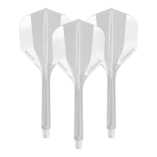 Ein transparentes Dart Flight Shaft System der Marke Harrows, Größe 35mm. Das Bild zeigt ein Set des No6 Solo Flight Shaft Systems in klarer Ausführung.