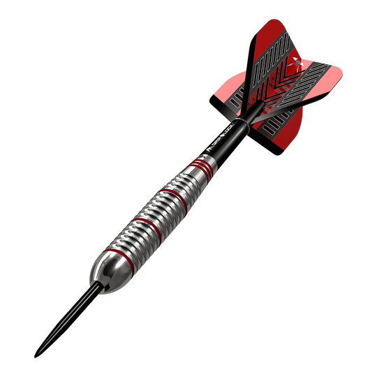 Šipky Mission Rogue Brass Steel - 22g Das Bild zeigt einen Mission Rogue Brass Steeldart mit einem Gewicht von 22g. Der Dartpfeil hat ein silbernes Griffstück mit roten Akzenten und rote Flights.