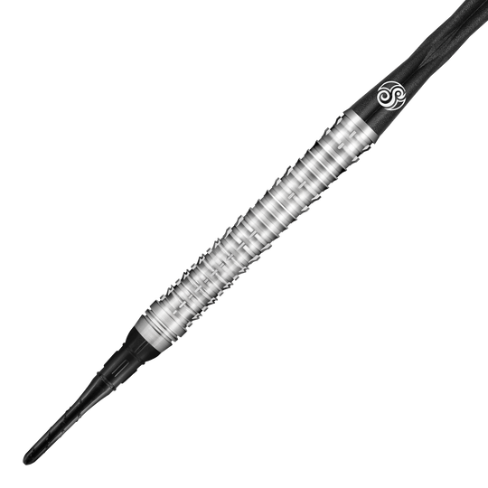 Das Bild zeigt einen Shot Future Knights Ironsoul Softdart mit einem Gewicht von 20g. Der Dart hat ein silbernes, geriffeltes Barrel und schwarze Kunststoffteile.