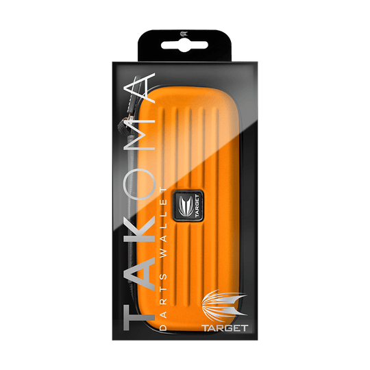 125823_Target_Takoma_Dartwallet_Orange_3 Das Bild zeigt eine orangefarbene Darttasche namens "Target Takoma Dartwallet" in ihrer Verpackung. Auf der Verpackung sind der Markenname Target und der Produktname deutlich zu sehen.