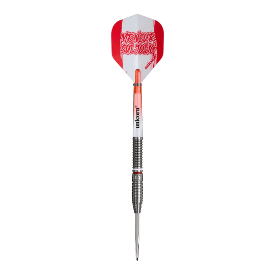 Auf diesem Bild sind die Unicorn Mensur Suljovic The Gentle Steeldarts - 23g abgebildet. Die Darts sind für präzises und kontrolliertes Spielen ausgelegt.