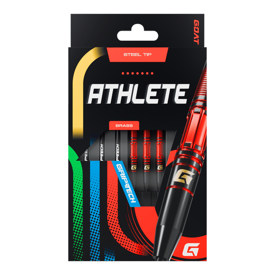 Ocelové šipky GOAT Athlete Red Brass - 11g Das Bild zeigt die Verpackung der GOAT Athlete Red Brass Steeldarts mit einem Gewicht von 11g. Die Darts haben eine rote und schwarze Farbgebung und verfügen über eine Stahlspitze.