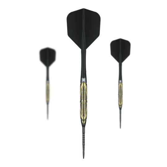 Ocelové šipky Caliburn Halo H2 - 22,5 g Auf dem Foto sind die Caliburn Halo H2 Steeldarts - 22,5g als komplettes Set zu sehen. Die Steeldarts liegen nebeneinander angeordnet.