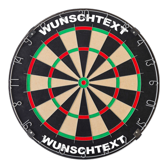 Das Bild zeigt ein Dartboard mit traditionellem Design. Die Datei heißt 'MCDB_Dartboard_mit_Wunschtext_TraditionellerRingSilber_1_ArialBlack'.