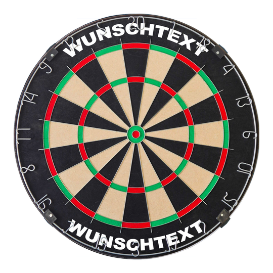 Dartboard mit Wunschtext Das Bild zeigt ein Dartboard mit traditionellem Design. Die Datei heißt 'MCDB_Dartboard_mit_Wunschtext_TraditionellerRingSilber_1_ArialBlack'.