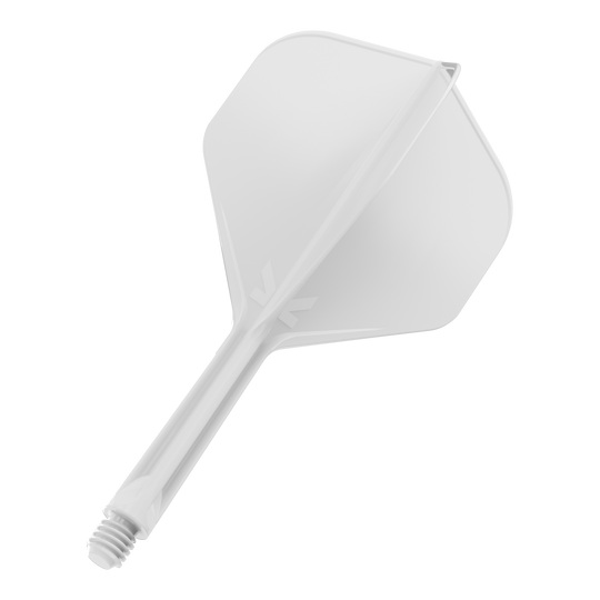 Standardní letový systém Target K-Flex No2 - bílý Das Bild zeigt einen weißen Dartflight mit einem integrierten Schaft. Er hat eine standardmäßige, leicht eckige Form.
