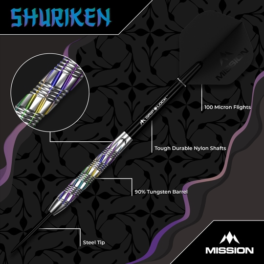 Ocelové šipky Mission Shuriken Mission Shuriken Steeldarts sind für ambitionierte Dartspieler geeignet. Das Foto zeigt die Mission Shuriken Steeldarts aus einer anderen Perspektive.