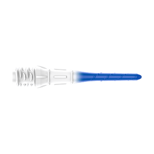 Das Bild zeigt eine Dartspitze mit einem Farbverlauf von Weiß zu Blau. Die Spitze hat kleine Einkerbungen entlang des blauen Teils.