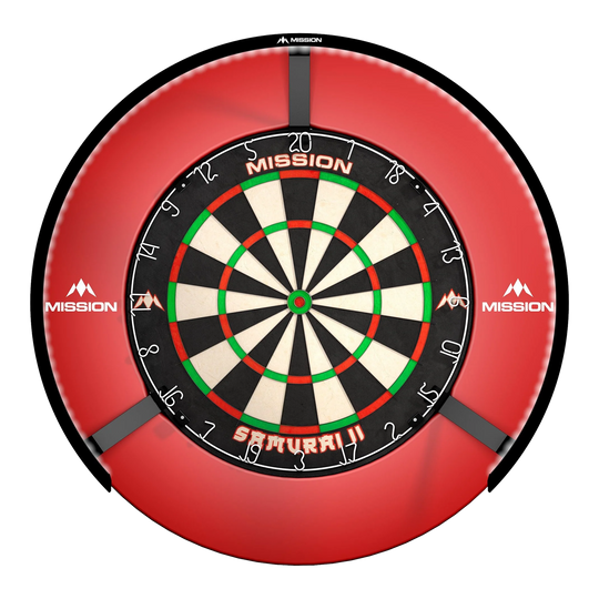 Das Bild zeigt ein Dartboard mit einer roten LED-Beleuchtung von Mission namens "Torus 270". Die Beleuchtung sorgt für eine gleichmäßige Ausleuchtung der Dartscheibe.
