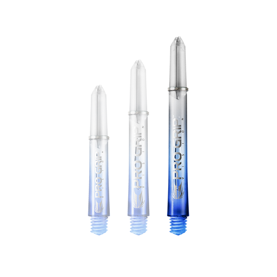 Das Bild zeigt drei unterschiedlich lange Dartshafts der Marke "Pro Grip" in Blau. Sie sind unten blau und werden nach oben hin durchsichtig.