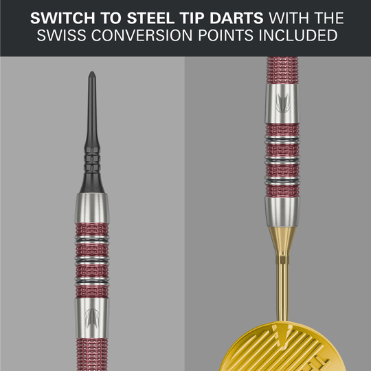 Měkké šipky Target Stephen Bunting 95K - 19g Das Bild zeigt die Target Stephen Bunting 95K Softdarts mit einem Gewicht von 19 Gramm. Oben steht, dass man mit den enthaltenen Swiss Conversion Points einfach auf Steel-Tip-Darts wechseln kann.