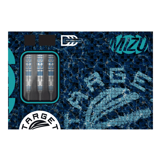 Auf dem Foto sind die Target Japan Mizu Series 03 Swiss Point Steeldarts zu sehen. Sie zeichnen sich durch ein elegantes Design aus.