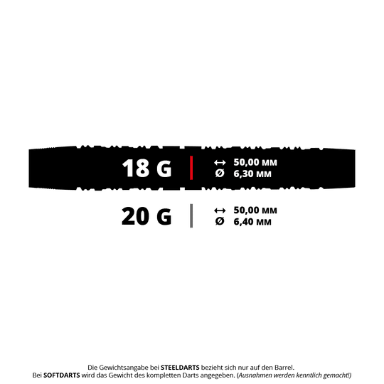 Měkké šipky Harrow's Damon Heta Series 3 Das Bild zeigt zwei verschiedene Dartspezifikationen mit den Gewichten 18 g und 20 g. Die Länge beträgt jeweils 50,00 mm, der Durchmesser ist 6,30 mm bei 18 g und 6,40 mm bei 20 g.