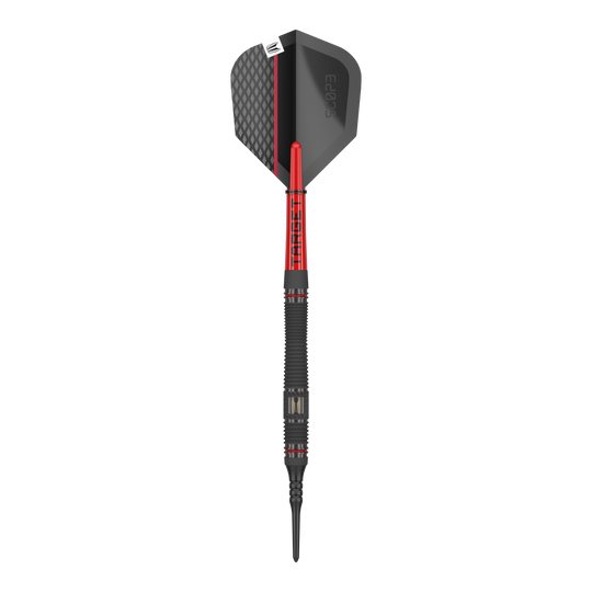 Target Scope 11 měkkých šipek Das Bild zeigt einen Softdart namens "Target Scope 11 Softdarts". Der Dart ist schwarz und rot mit einem modernen Design und einer strukturierten Oberfläche.