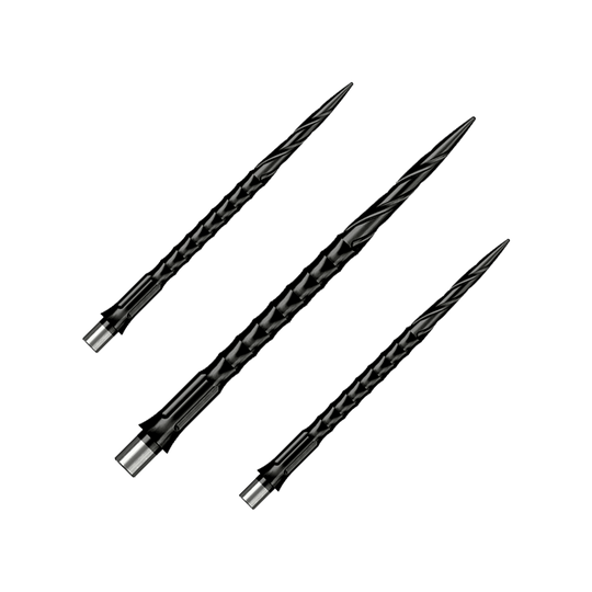 Ocelové hroty na šipky Caliburn System - Spiro - Bez rtu - Černé Das Bild zeigt ein Produkt mit dem Dateinamen EVO033_Caliburn_Evo_System_Steeldartspitzen_Spiro_NoLip_Black_40mm_1Set. Es könnte sich um ein Set von schwarzen Steeldartspitzen handeln.