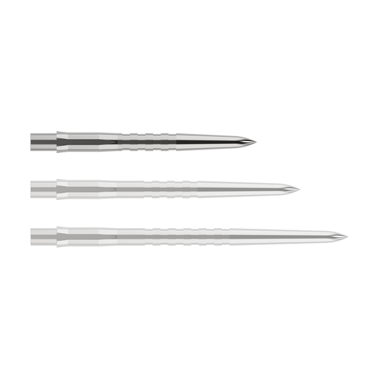 Špičky na šipky Mission Caliburn EVO - drážkované - stříbrné Das Bild zeigt drei silberne, gerillte Spitzen für Steeldarts in unterschiedlichen Längen. Sie sind nebeneinander auf einem weißen Hintergrund angeordnet.