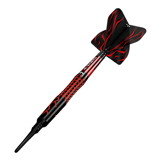 Šipky Mission Lava Softdarts - 20g Das Bild zeigt einen Mission Lava Softdart mit einem Gewicht von 20 Gramm. Der Dart ist in Schwarz und Rot gestaltet und hat ein modernes, auffälliges Design.