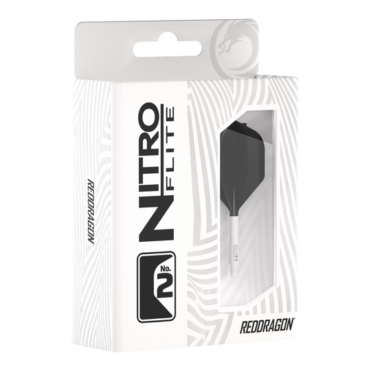 Red Dragon Nitroplte - White Shaft Black No2 Flights Die Abbildung zeigt die Produktverpackung des "Red Dragon Nitroflite" mit weißen Schäften und schwarzen No2 Flights. Die Packung ist überwiegend weiß gestaltet und hat ein Sichtfenster, durch das das Dart-Zubehör zu sehen ist.