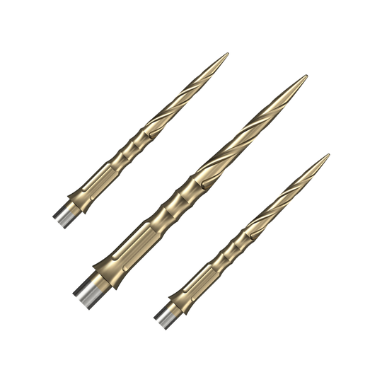 Das Bild zeigt drei goldfarbene Steeldartspitzen mit spiralförmigem Design. Es handelt sich um das Produkt "Caliburn System Steeldartspitzen - Spiro - No Lip - Gold - 28mm".