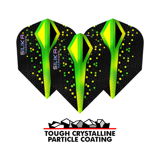 Harrows Silika Colourshift Tough Crystalline Coating Green No6 Flights Auf dem Bild ist ein Set der Harrows Silika Colourshift Tough Crystalline Coating No6 Flights. Die Flights haben ein auffälliges Design.