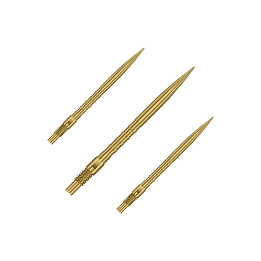 Das Bild zeigt ein Set aus goldenen Dartspitzen mit 30mm Länge. Es sind Harrows Quick Point Heavy Metal Grip Dartspitzen Gold 30mm im Set.