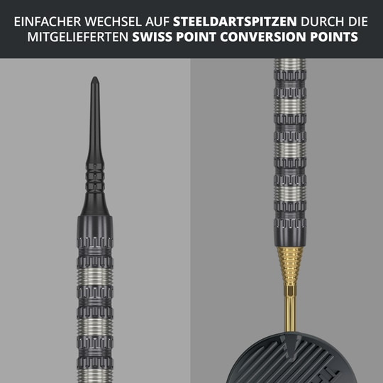 Šipky Target Rob Cross 95K Swiss Point Soft - 18g Das Bild zeigt den Target Rob Cross 95K Swiss Point Softdart mit 18g Gewicht. Es wird darauf hingewiesen, dass ein einfacher Wechsel auf Steeldartspitzen durch die mitgelieferten Swiss Point Conversion Points möglich ist.