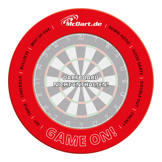 Eine rote Dartboard-Umrandung ist abgebildet. Dies ist die McDart Game On Dartboard Surround 2025 in Rot.