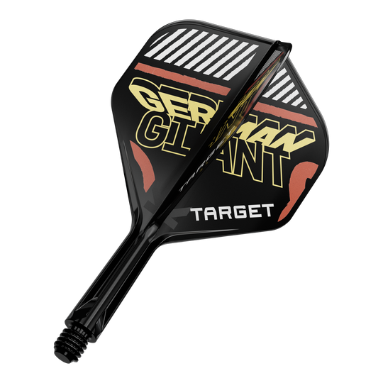 Systém standardní letové hřídele Target K-Flex Gabriel Clemens No2 Das Bild zeigt eine schwarze Dartflügel- und Schaftkombination mit der Aufschrift "GERMAN GIANT" und "TARGET". Die Farben sind hauptsächlich Schwarz, Gelb und Rot.