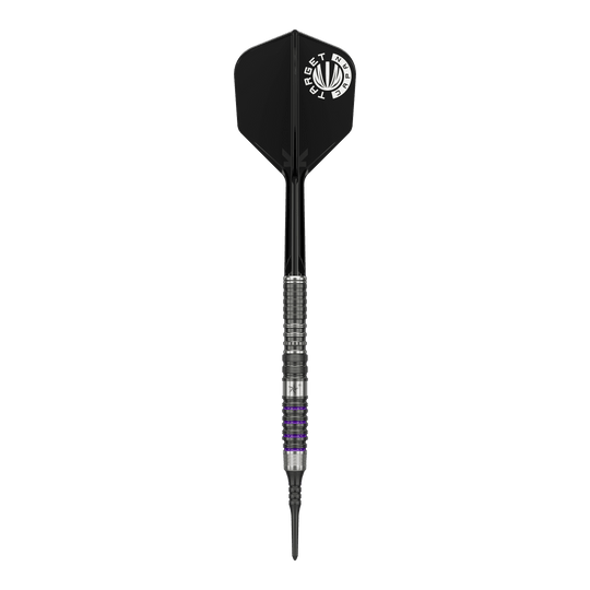 Das Bild zeigt einen Softdart aus der Target Japan Prime Series, Modell Yuta Hayashi Sirius GEN3 MAX mit einem Gewicht von 21,5g. Der Dart hat ein silbernes Griffstück mit schwarzen und lila Akzenten sowie eine schwarze Flight mit weißem Aufdruck.