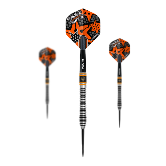 Ocelové šipky Winmau Danny Noppert Signature Edition 2 Das Bild zeigt drei Winmau Danny Noppert Signature Edition 2 Steeldarts. Die Darts haben auffällige Flights in Orange und Schwarz mit Sternmustern.
