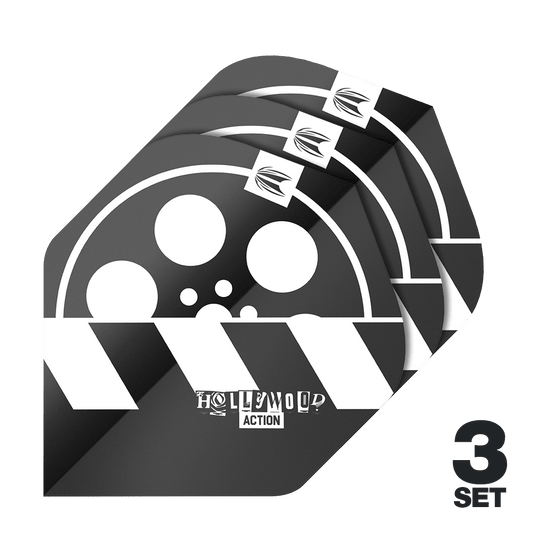 Target Pro Ultra Chris Dobey Hollywood Action No2 Standardní letky - 3 sady Das Bild zeigt drei Sätze Target Pro Ultra Chris Dobey Hollywood Action No2 Standard Flights für Dartpfeile. Das Design ist schwarz-weiß mit einem Filmrollen- und Klappenmotiv sowie der Aufschrift "Hollywood Action".