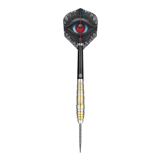 Střelené keltské Balorské ocelové šipky Dieses Bild zeigt einen Steeldartpfeil des Produkts "Shot Celt Balor Steeldarts". Auf dem Flight ist ein auffälliges Auge in blauen und roten Farbtönen abgebildet.