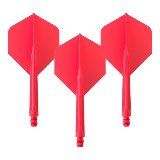 Das Bild zeigt drei rote Dartflights mit integriertem Schaft. Es handelt sich um das Produkt "Unicorn Forge All In One Plus No2 Standard Flights Rot - Medium".
